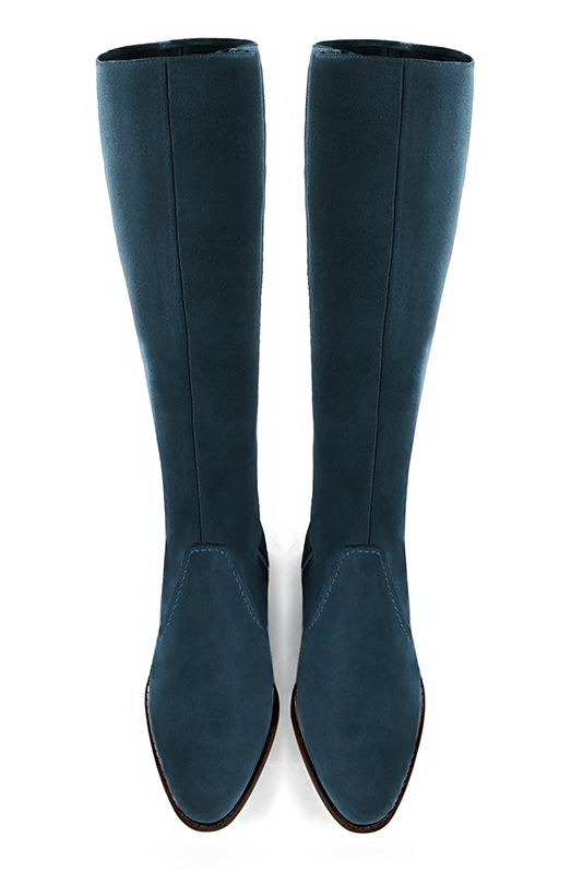 Peacock blue women's riding knee-high boots. Round toe. Low leather soles. Made to measure. Top view - Florence KOOIJMAN